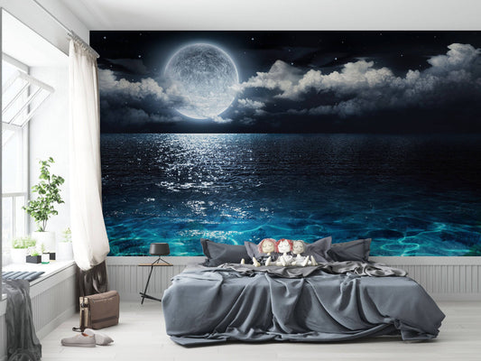 Sea Beach Night Moon Clouds Stars Wall Mural Photo Wallpaper Bedroom Decoration Poster