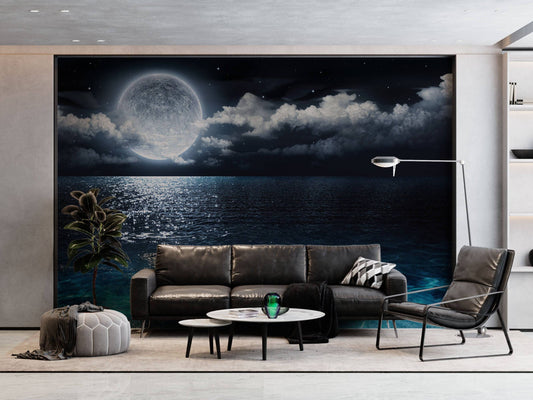 Sea Beach Night Moon Clouds Stars Wall Mural Photo Wallpaper Bedroom Decoration Poster