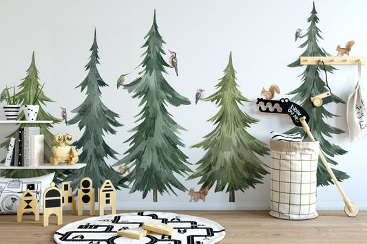 Watercolor forest tree wall decal, watercolor wall sticker, nursery mural, forest wall decal, peel and stick tree decal, pine trees for nursery and home wall decor.
