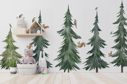 Watercolor forest tree wall decal, watercolor wall sticker, nursery mural, forest wall decal, peel and stick tree decal, pine trees for nursery and home wall decor.