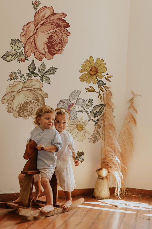 Watercolor soft nursery floral wall decal wall sticker for kids vintage peony flower, madelyn nursery wall decal, for nursery and home wall decor.