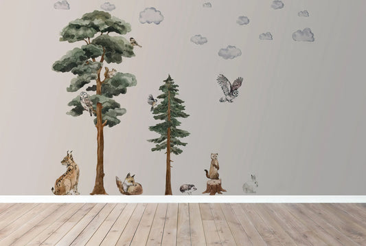 Watercolor woodland forest animal wall decals | watercolor nursery decor | backwoods trees and animals | peel and stick kids wall art for nursery and home wall decor.