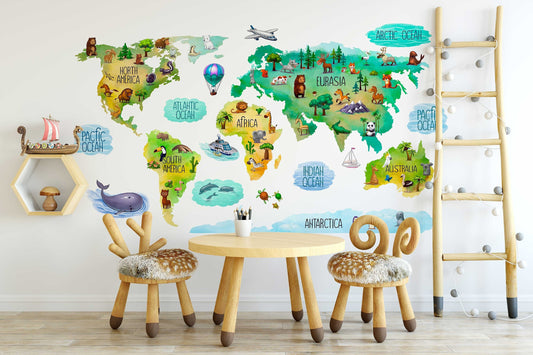 Watercolor educational kids world map wall decal for nursery for nursery and home wall decor.