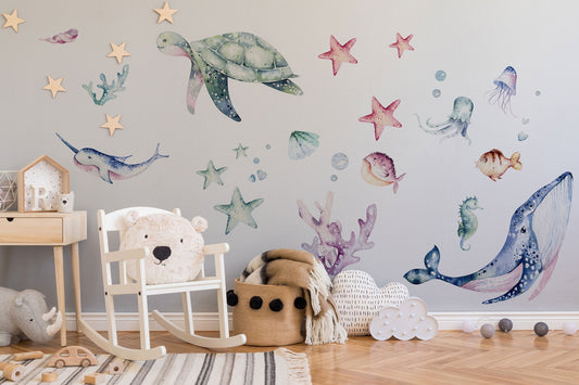 Watercolor ocean wall decals - watercolor sea life stickers - peel and stick nursery wall art for nursery and home wall decor.