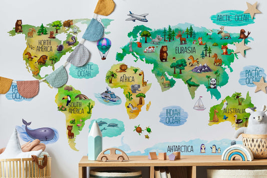 Watercolor educational kids world map wall decal for nursery for nursery and home wall decor.