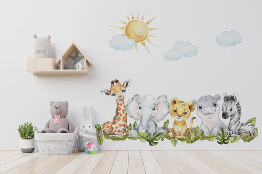 Watercolor watercolor nursery wall mural | safari baby elephant and lion decals for nursery and home wall decor.