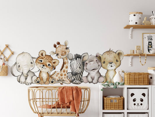 Watercolor jungle safari nursery wall decals | baby elephant, giraffe, and lion stickers for nursery and home wall decor.