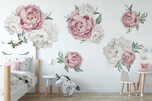 Watercolor stylish peony blooms | chic self-stick wall decals for contemporary nursery and home decor for nursery and home wall decor.