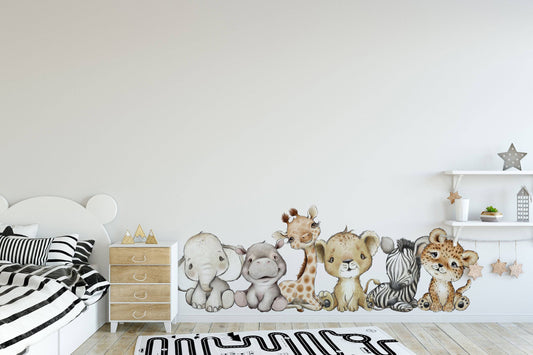 Watercolor jungle safari nursery wall decals | baby elephant, giraffe, and lion stickers for nursery and home wall decor.