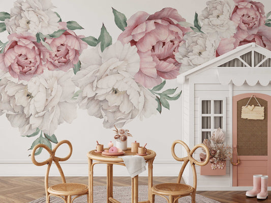 Watercolor stylish peony blooms | chic self-stick wall decals for contemporary nursery and home decor for nursery and home wall decor.