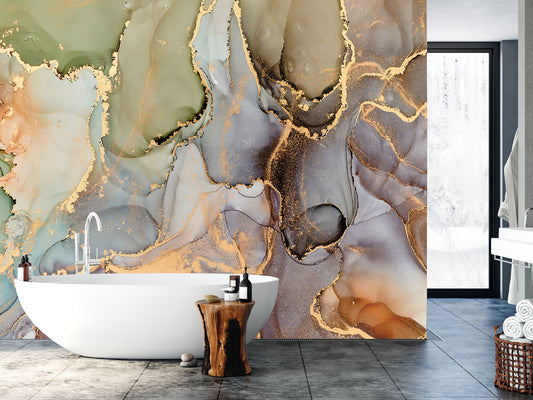 Watercolor peel and stick marble wallpaper | abstract gold details | artistic wall mural for nursery and home wall decor.