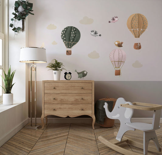 Watercolor ballon balloon and birds, clouds wall decals for nursery and kids' room for nursery and home wall decor.