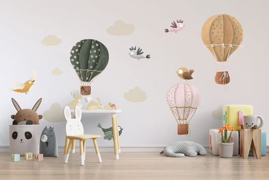 Watercolor ballon balloon and birds, clouds wall decals for nursery and kids' room for nursery and home wall decor.