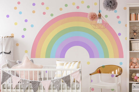 Watercolor pastel rainbow and polka dots vinyl decals: ideal for girls' bedrooms, playrooms, and nursery decor for nursery and home wall decor.