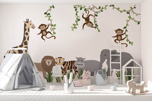 Watercolor safari jungle wall decals: large animals & monkey stickers for nursery, repositionable jungle wall decals for nursery and home wall decor.