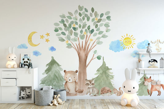 Watercolor woodland watercolor wall decal oak pine tree animal creatures - bear, fox, raccoon, rabbit, squirrel, porcupine fabric nursery decals for nursery and home wall decor.