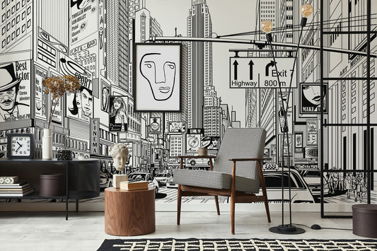Watercolor new york cityscape wallpaper peel and stick for boys... for nursery and home wall decor.