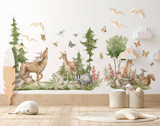 Forest Animals Wall Decal | Cute Animals with Big Trees Wall Sticker | Nursery Watercolor Forest Animals Wall Decals