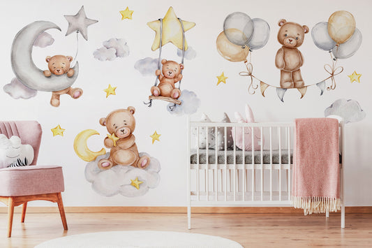 Watercolor sleeping bears wall decal | nursery wall sticker | clouds and stars wall decor | repositionable baby room art for nursery and home wall decor.