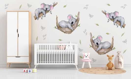 Watercolor sleeping koala nursery wall decal | australian forest nursery decor | kids room nursery stickers for nursery and home wall decor.