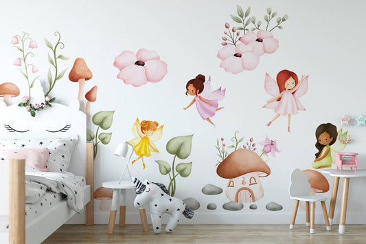 Watercolor fairy wall decal for girls room nursery decor | peel and stick fairies wall sticker for kids and nursery | cute flying fairy sticker for nursery and home wall decor.