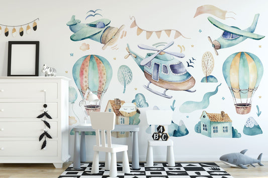 Watercolor hot air balloon wall decal, nursery wall decal, watercolor hot air balloon, airplane wall sticker, boys wall decal, name wall decal for nursery and home wall decor.