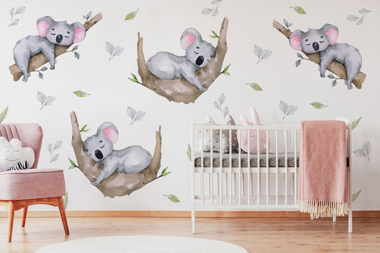 Watercolor sleeping koala nursery wall decal | australian forest nursery decor | kids room nursery stickers for nursery and home wall decor.