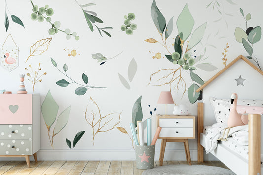 Watercolor jungle leaves wall decal for nursery, bathroom tropical wall decals, palm banana leaf wall decal, safari tropical plants decal peel & stick for nursery and home wall decor.