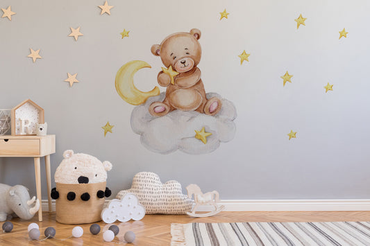 Watercolor sleeping teddy bear bunny nursery animal wall decal | bear nursery sticker | bunny wall sticker decal | kids room nursery wall decal for nursery and home wall decor.