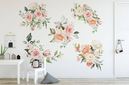 Watercolor flower wall decal, floral wall decals, flower wall stickers, peony flowers wall decal, peony decal peel & stick, peonies wall decals decor for nursery and home wall decor.