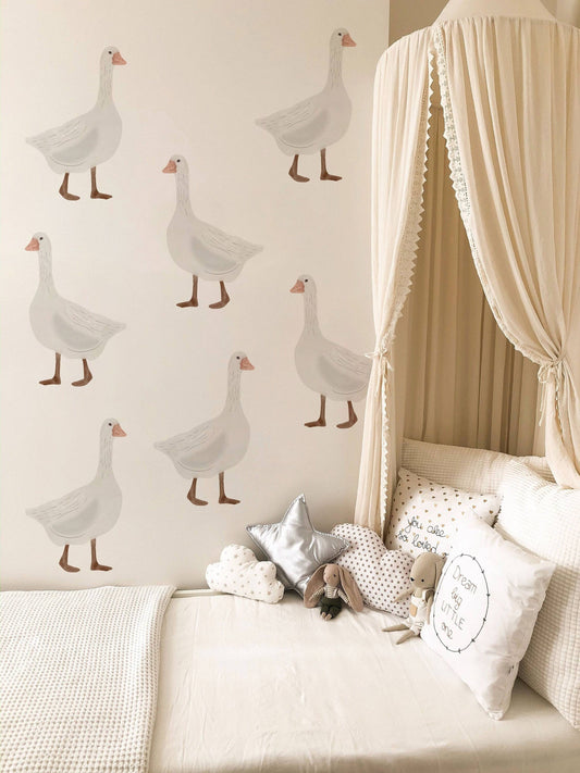 Watercolor white goose wall art | geese nursery wall decals for nursery and home wall decor.
