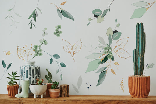 Watercolor jungle leaves wall decal for nursery, bathroom tropical wall decals, palm banana leaf wall decal, safari tropical plants decal peel & stick for nursery and home wall decor.