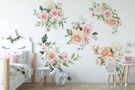 Watercolor flower wall decal, floral wall decals, flower wall stickers, peony flowers wall decal, peony decal peel & stick, peonies wall decals decor for nursery and home wall decor.