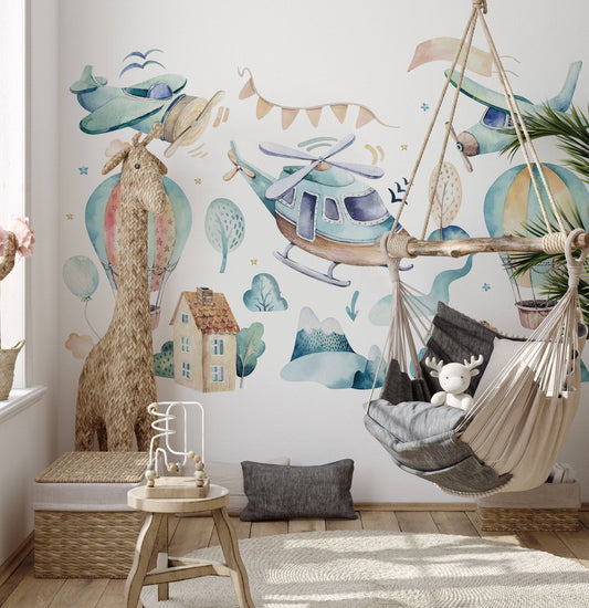 Watercolor hot air balloon wall decal, nursery wall decal, watercolor hot air balloon, airplane wall sticker, boys wall decal, name wall decal for nursery and home wall decor.