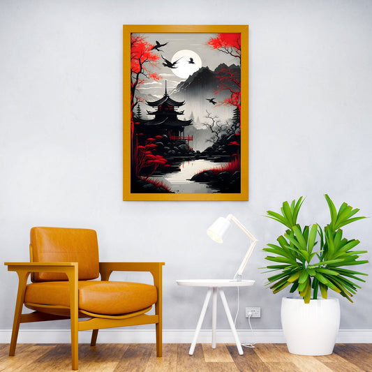 japanese Red Moon ink art Asian Style Poster | Wall Art for Home & Office | High-Quality Print - High-Quality Visual Display