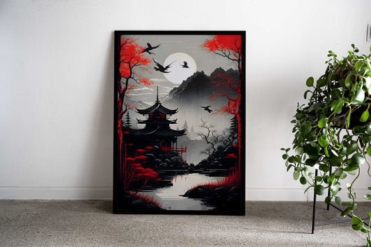 japanese Red Moon ink art Asian Style Poster | Wall Art for Home & Office | High-Quality Print - High-Quality Visual Display
