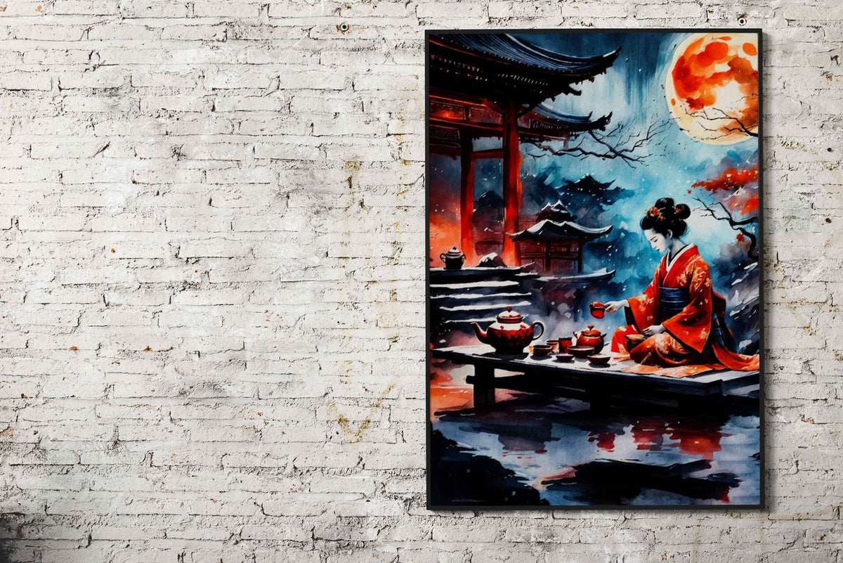 japanese red moon geisha Asian Style Poster | Wall Art for Home & Office | High-Quality Print - High-Quality Visual Display