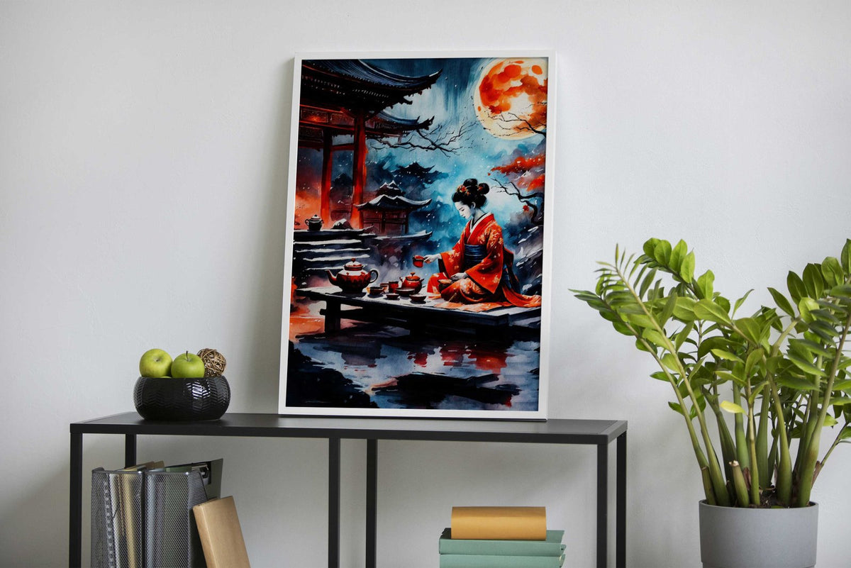 japanese red moon geisha Asian Style Poster | Wall Art for Home & Office | High-Quality Print - High-Quality Visual Display