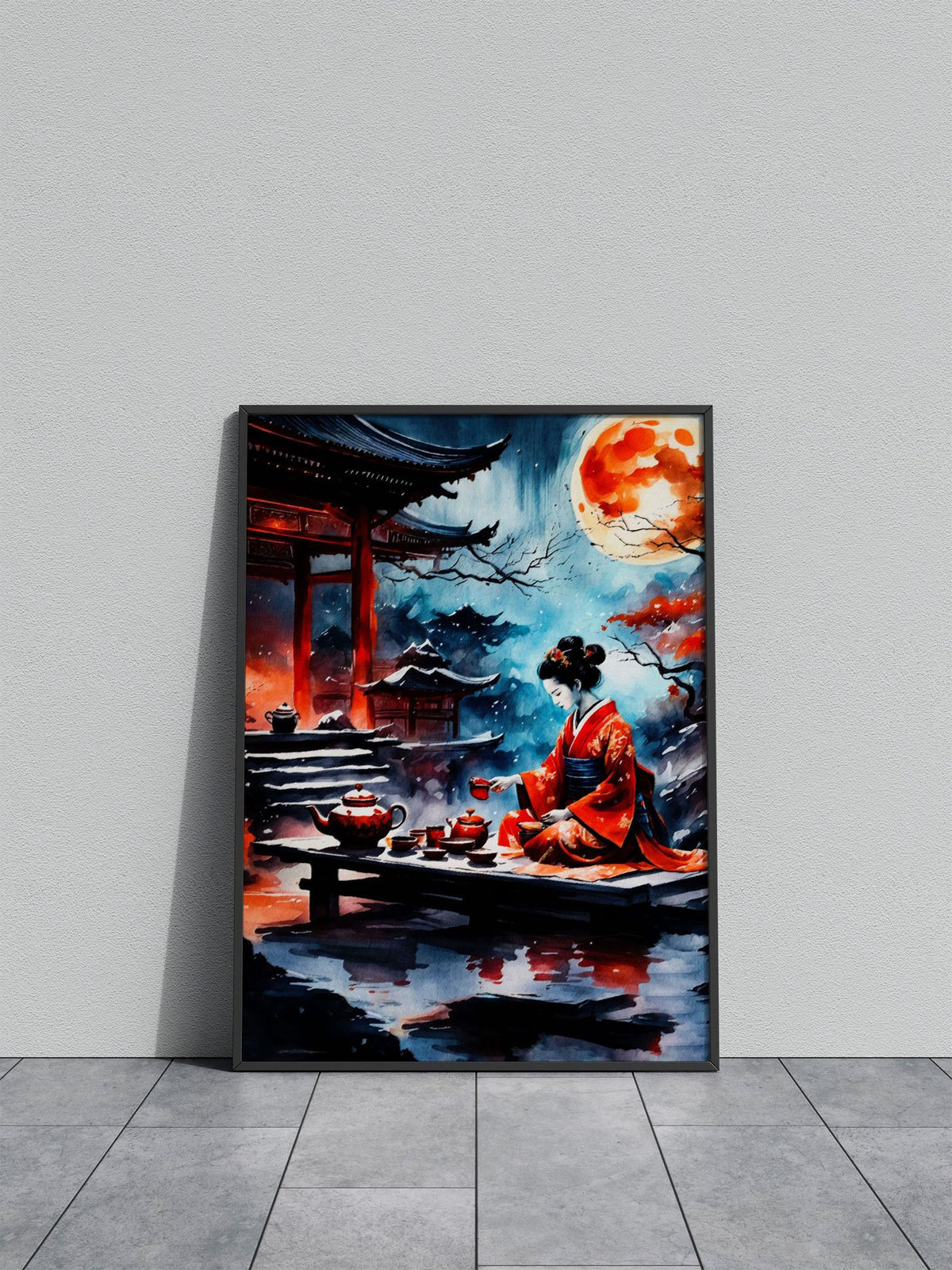 japanese red moon geisha Asian Style Poster | Wall Art for Home & Office | High-Quality Print - High-Quality Visual Display