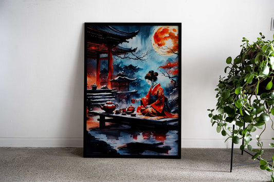 japanese red moon geisha Asian Style Poster | Wall Art for Home & Office | High-Quality Print - High-Quality Visual Display