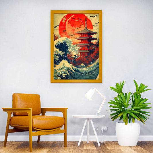 japanese wave red moon Asian Style Poster | Wall Art for Home & Office | High-Quality Print - High-Quality Premium Wall Art Decor Sticker