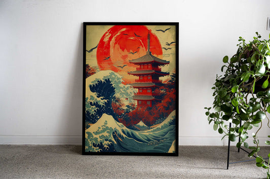 japanese wave red moon Asian Style Poster | Wall Art for Home & Office | High-Quality Print - High-Quality Premium Wall Art Decor Sticker