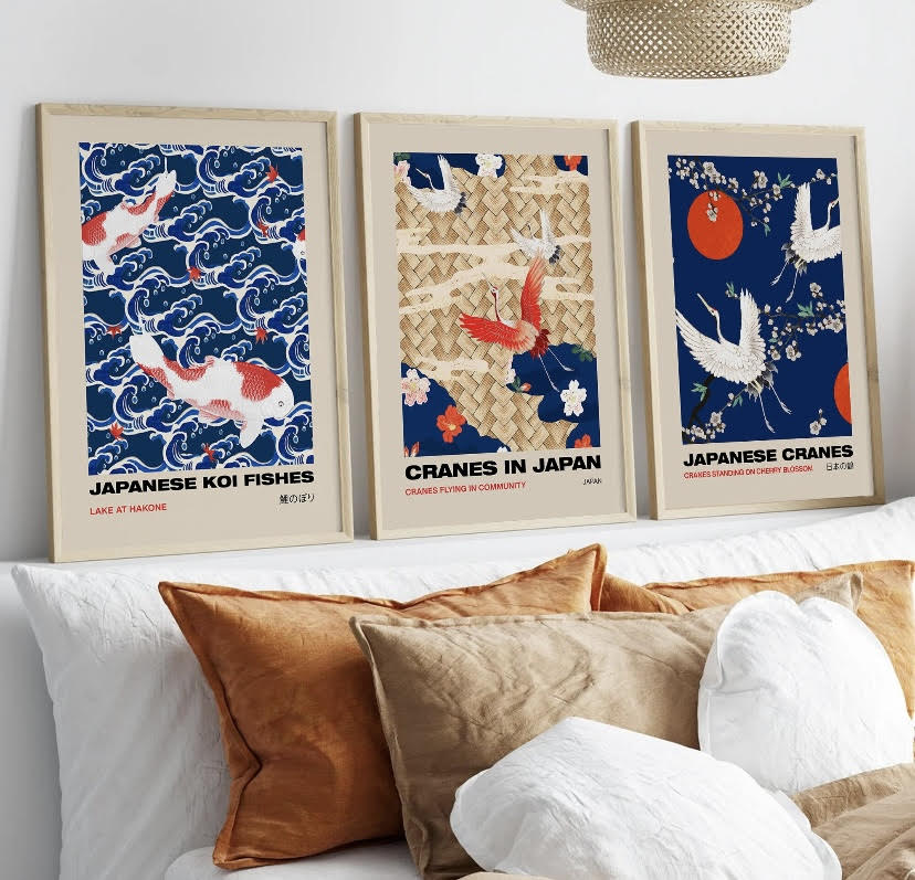 Japanese Crane Bird Print Set in Red and Blue