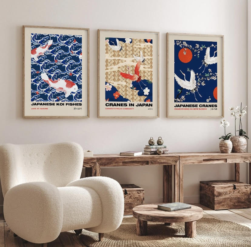 Japanese Crane Bird Print Set in Red and Blue