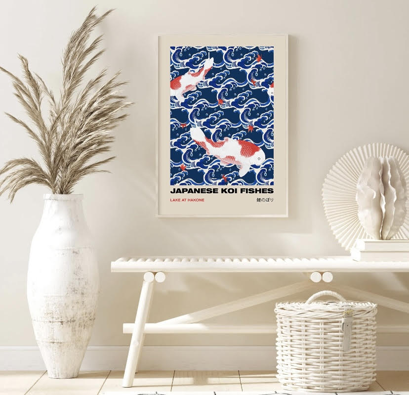 Japanese Crane Bird Print Set in Red and Blue
