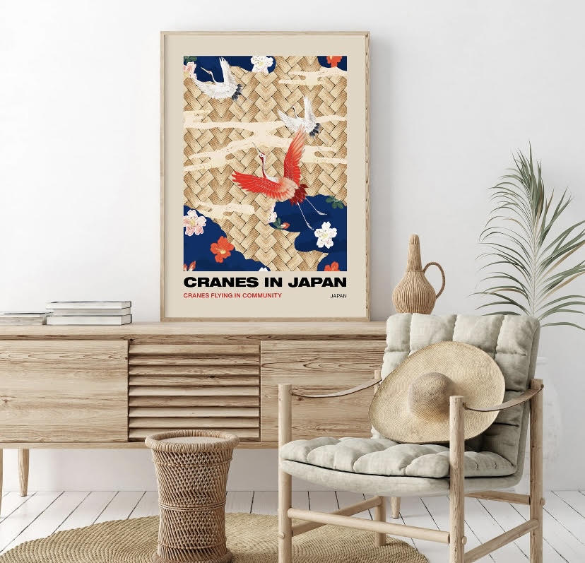 Japanese Crane Bird Print Set in Red and Blue