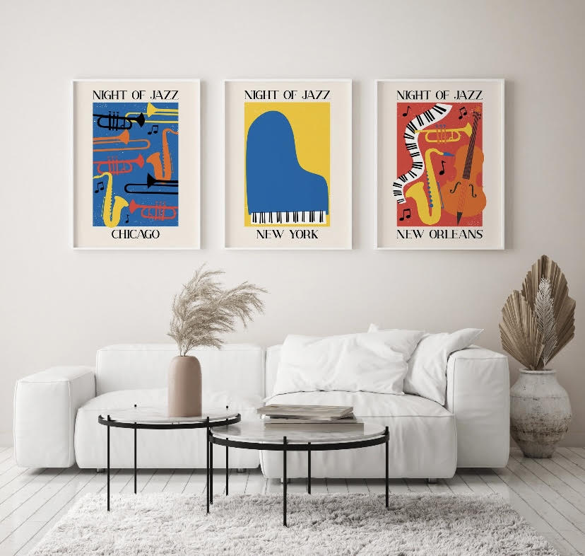 Trio of Vibrant American Jazz Art Prints