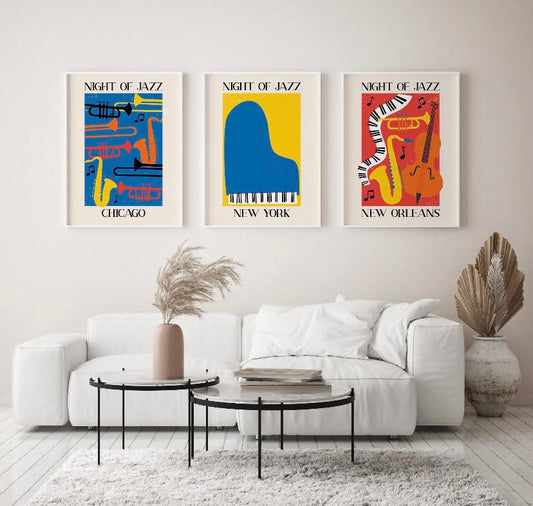 Trio of Vibrant American Jazz Art Prints