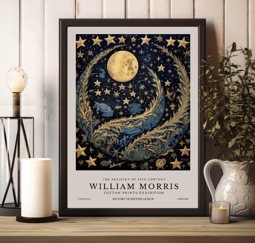 Navy Blue Moon and Stars Print by William Morris