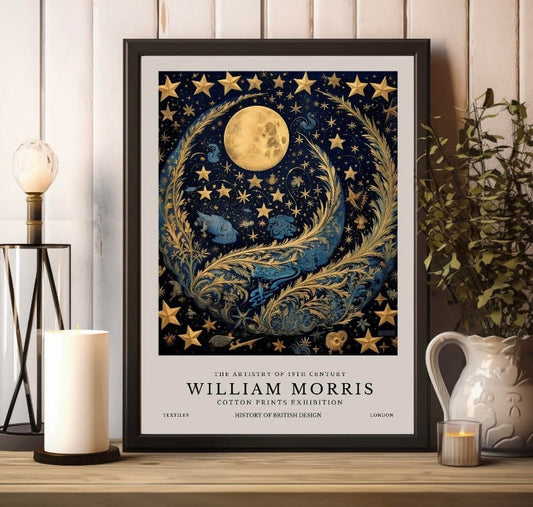 Navy Blue Moon and Stars Print by William Morris